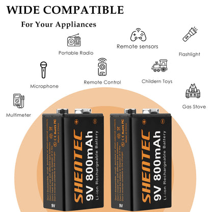 SHENTEC 8Pack 9V 800mAh Lithium Rechargeable Battery 6F22 PP3 LR22 MN1604