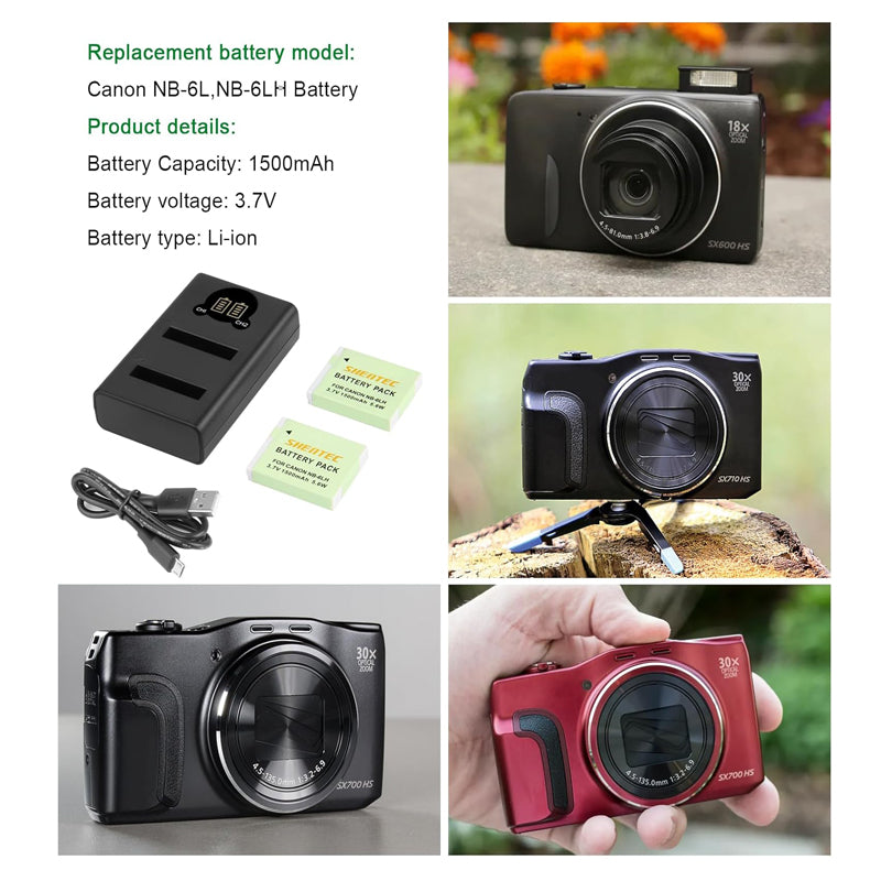 SHENTEC Battery NB-6L, NB-6LH + USB LCD Charger for Canon PowerShot
