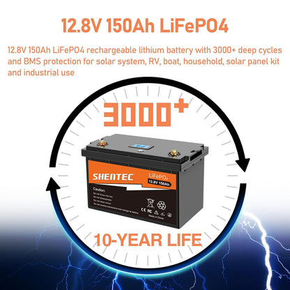 SHENTEC 12V 150Ah LiFePO4 Battery with 150A BMS 4000-10000 Cycles Deep Cycle