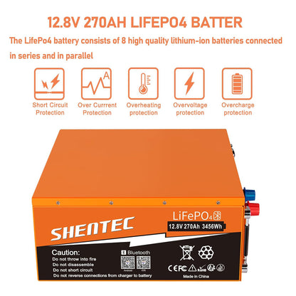 SHENTEC 12.8 V 270 Ah LiFePO4 Lithium Battery with 6000+ Cycles and BMS Protection