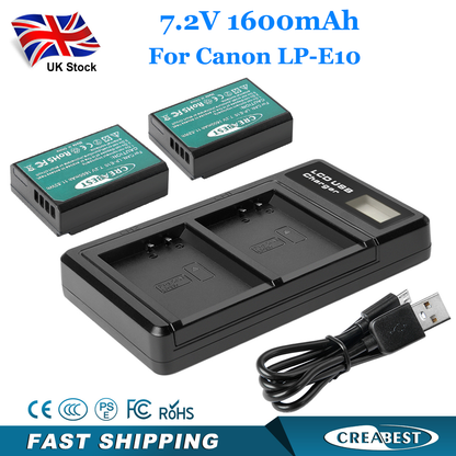 2x LP-E10 Battery &Charger For Canon Rebel T3 T5 Kiss X50 EOS 1200D 1300D 2000D