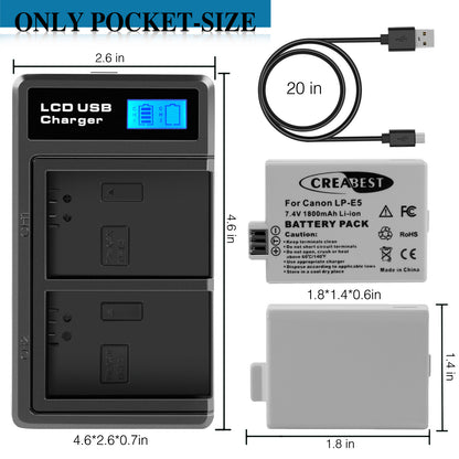 2× LP-E5 Battery 1800mAh For Canon EOS 450D 500D 1000D Rebel T1i Xs Kiss X3 X2