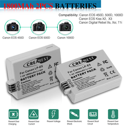 2× LP-E5 Battery 1800mAh For Canon EOS 450D 500D 1000D Rebel T1i Xs Kiss X3 X2