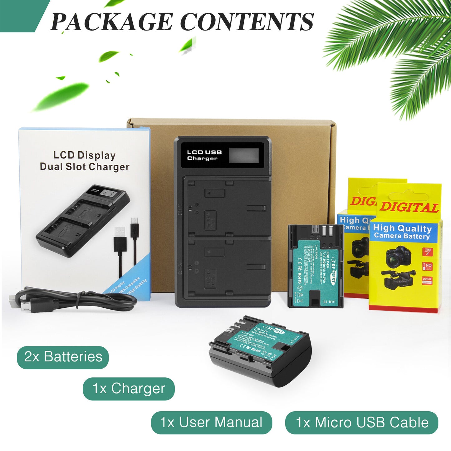 2xLP-E6 LP-E6N Battery+Dual Charger For Canon EOS 90D 5D Mark III IV 80D 60D 70D