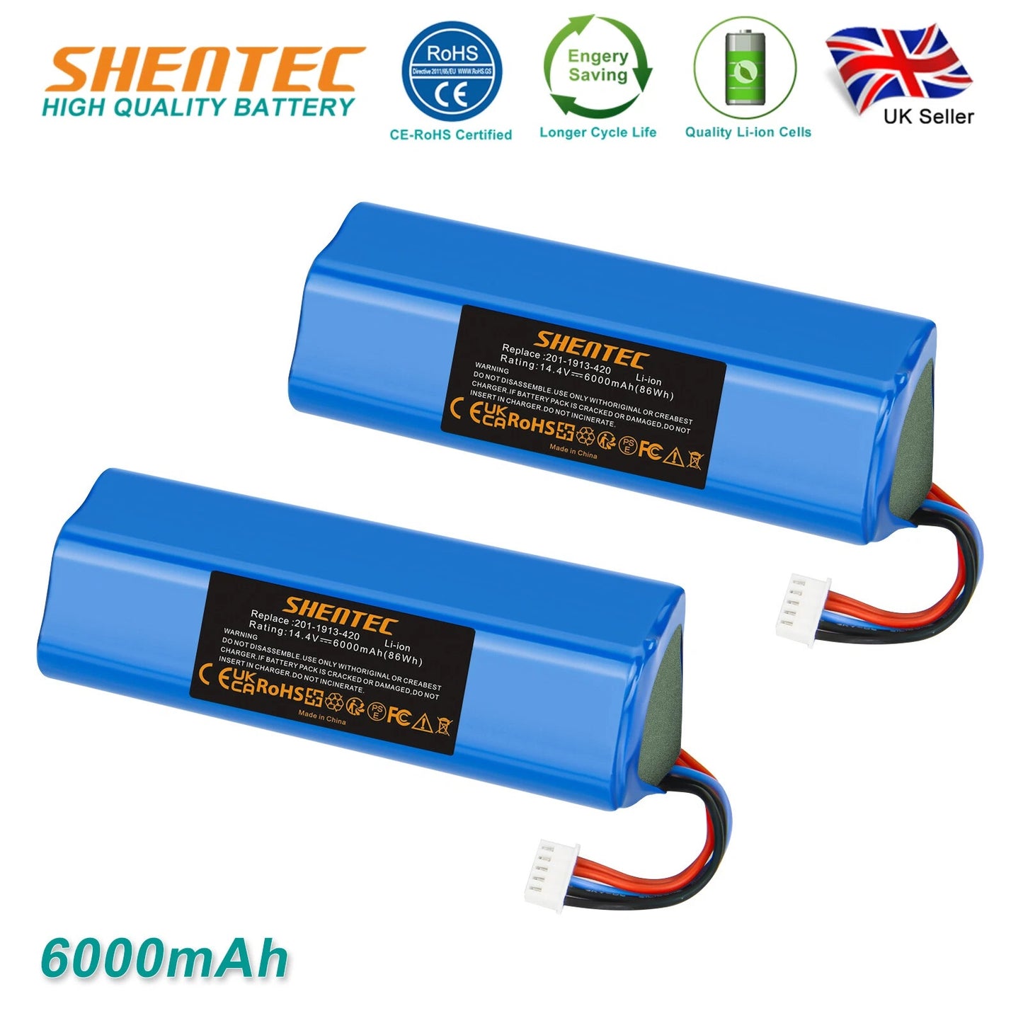 SHENTEC 2x6Ah 14.4V Li-ion Battery for Ecovacs 201-1913-4200 S10-Li-144-5200 DBX11-11/21