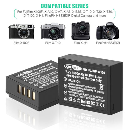2x NP-W126 W126S Battery+Charger For Fujifilm Fuji X-E1 X-E2 X-E2S X-T10 X-T20