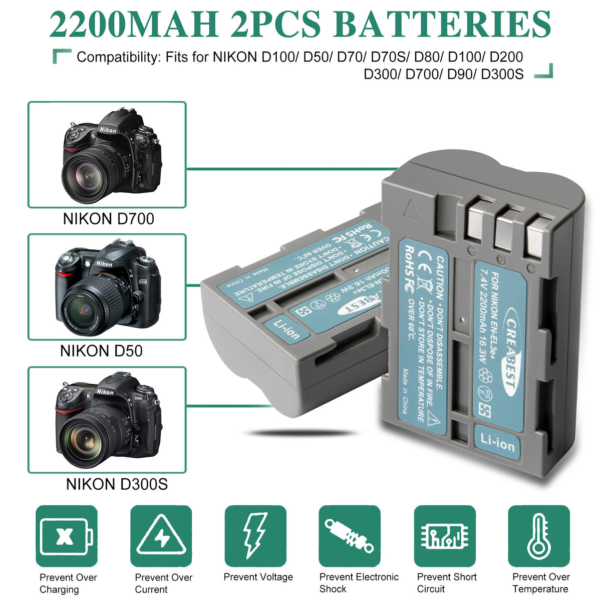2X 2.2Ah EN-EL3E Battery +Dual Charger For Nikon D70 D70S D100 D50 D90 D700 D300