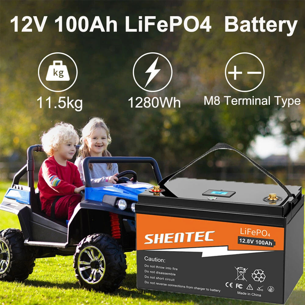 SHENTEC 12 V 100 Ah LiFePO4 Battery Wth LED Display Built-in 100 A BMS for Backup Power