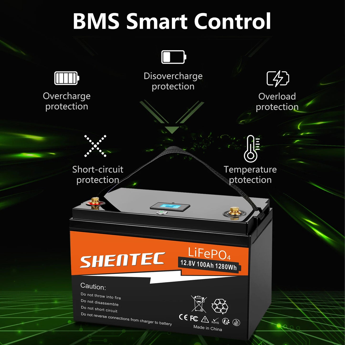 SHENTEC 12 V 100 Ah LiFePO4 Battery Wth LED Display Built-in 100 A BMS for Backup Power
