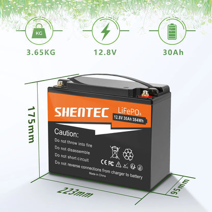 SHENTEC 12.8V 30AH Lithium LiFePO4 Battery  for Home RV Boat Emergency Power