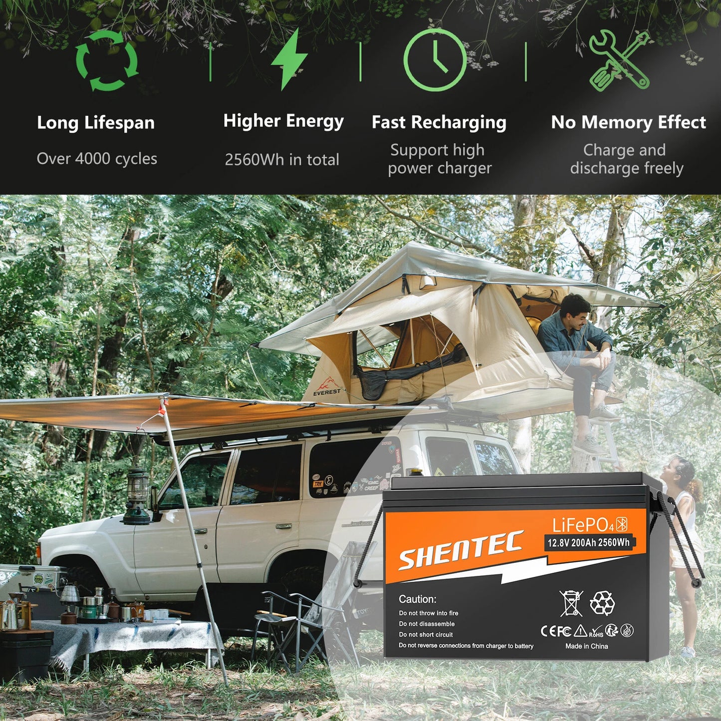 SHENTEC 12V 200Ah Lithium LiFePO4 Battery for Boat Camper 6000+Cycle