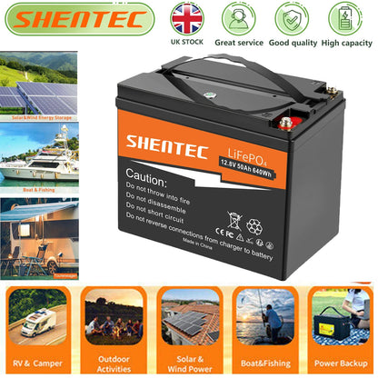 SHENTEC 12.8V 50Ah Lithium LiFePO4 Battery for Solar RV Boat Caravan Camping
