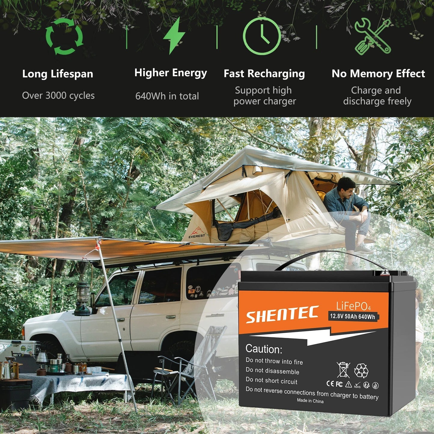 SHENTEC 12.8V 50Ah Lithium LiFePO4 Battery for Solar RV Boat Caravan Camping