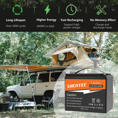 SHENTEC 12.8V 50Ah Lithium LiFePO4 Battery for Solar RV Boat Caravan Camping