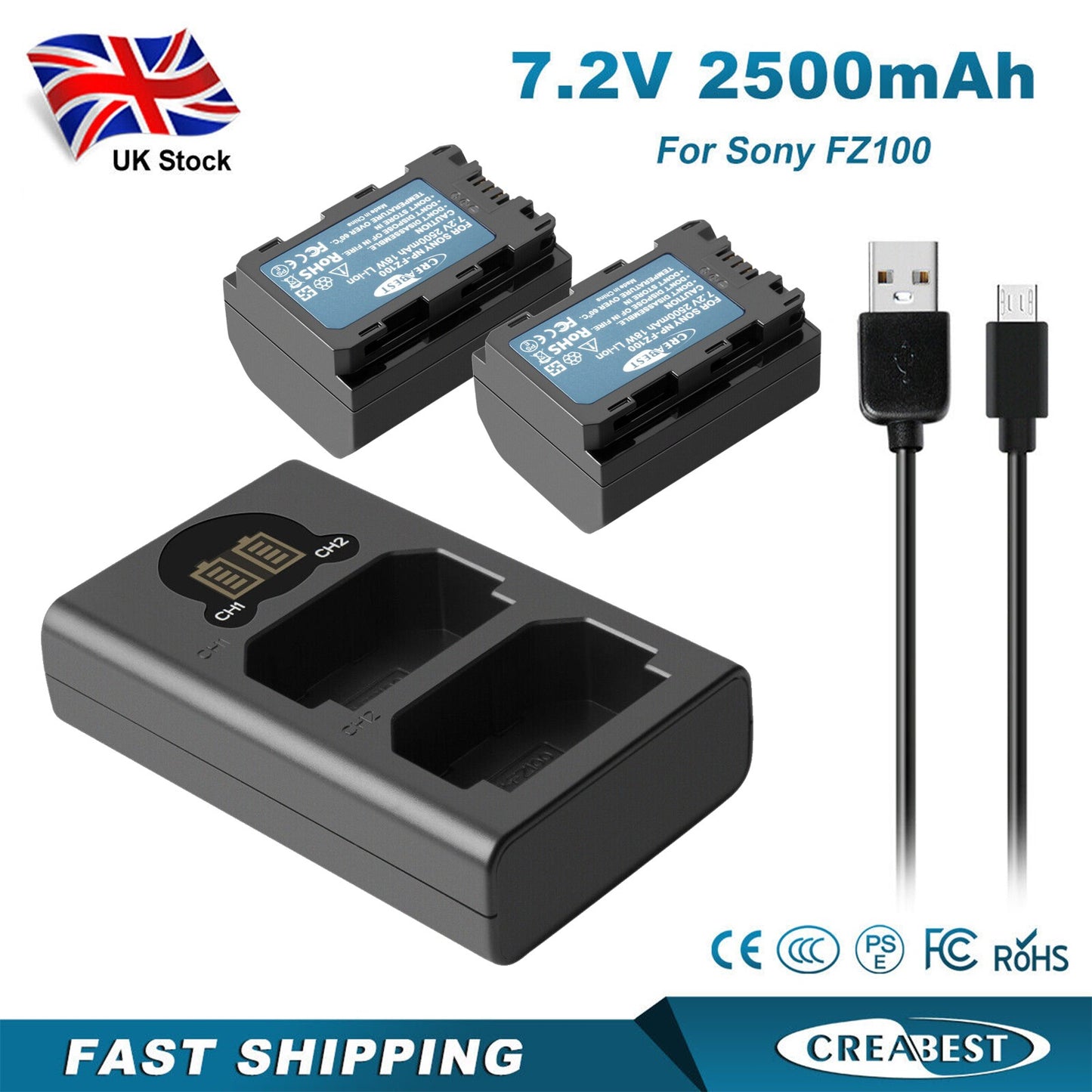 2x NP-FZ100 Battery &Charger For Sony Alpha A6600 A9R A9S A7 III A7R III A7R IV