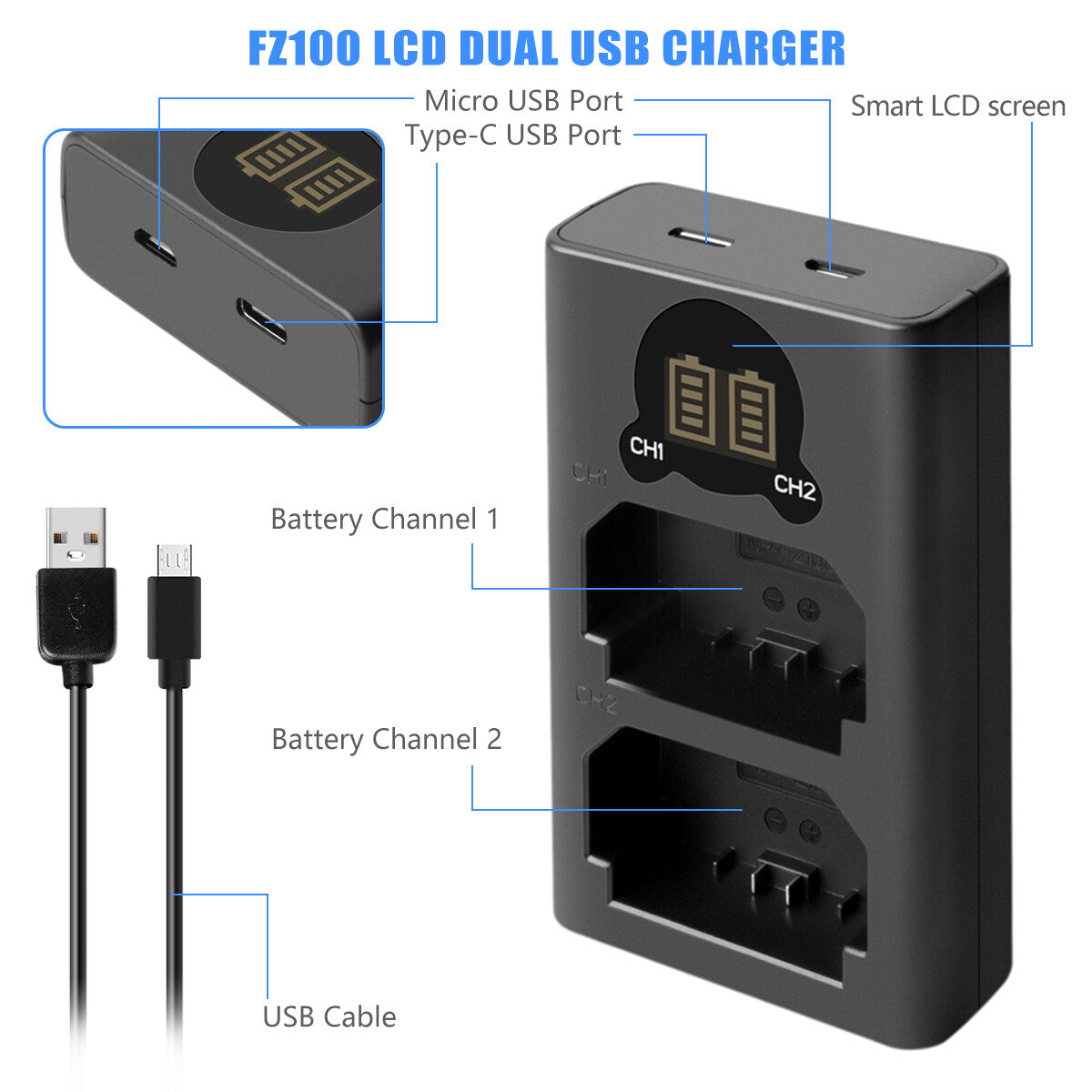 2x NP-FZ100 Battery &Charger For Sony Alpha A6600 A9R A9S A7 III A7R III A7R IV