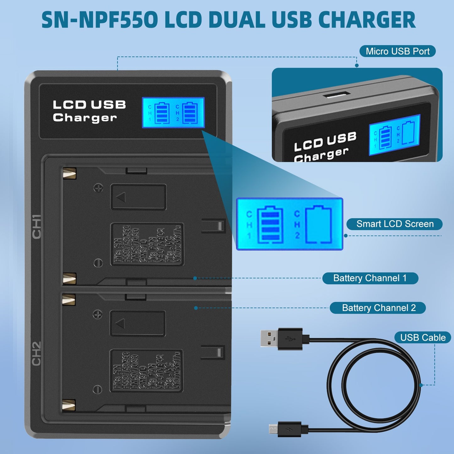 2Pack 7.2V NP-F550 Battery+Dual Charger For SONY NP-F970 NP-F960 F990 F950 F530 F330