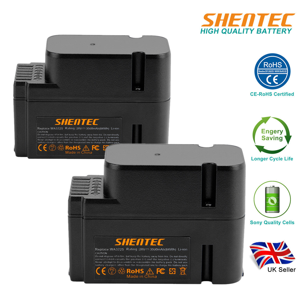 SHENTEC  PLG 2 Pack 3.0AH 28V Li-ion Battery For Worx WG790E WG754E WG794E WG755E WA3225 WA3565