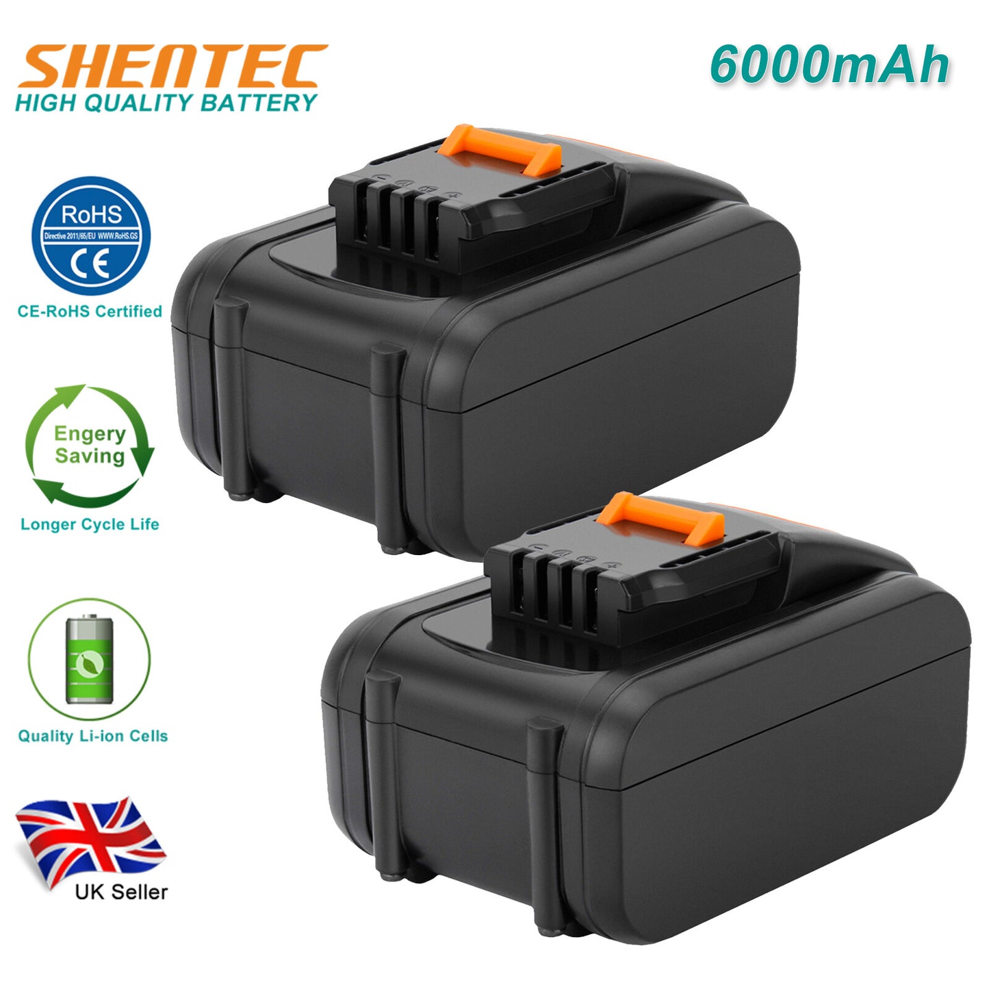SHENTEC 2 Pack 20V 6Ah Li-ion Battery for Worx WA3551.1 WA3553 WA3516 WA3572 WG259E.9 WG169E